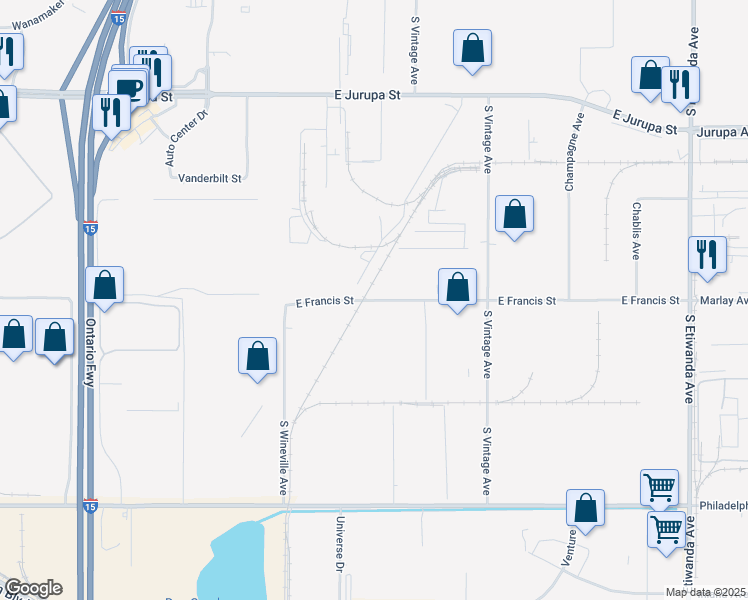 map of restaurants, bars, coffee shops, grocery stores, and more near 5440 East Francis Street in Ontario