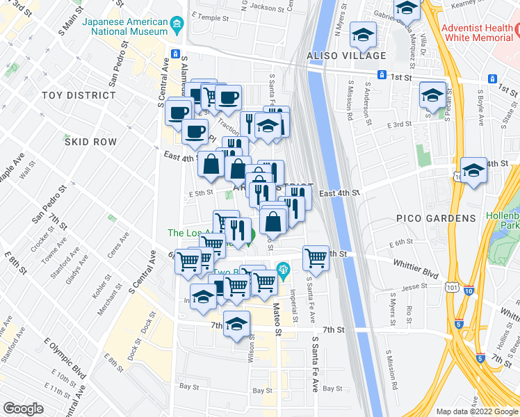 map of restaurants, bars, coffee shops, grocery stores, and more near 530 Mateo Street in Los Angeles