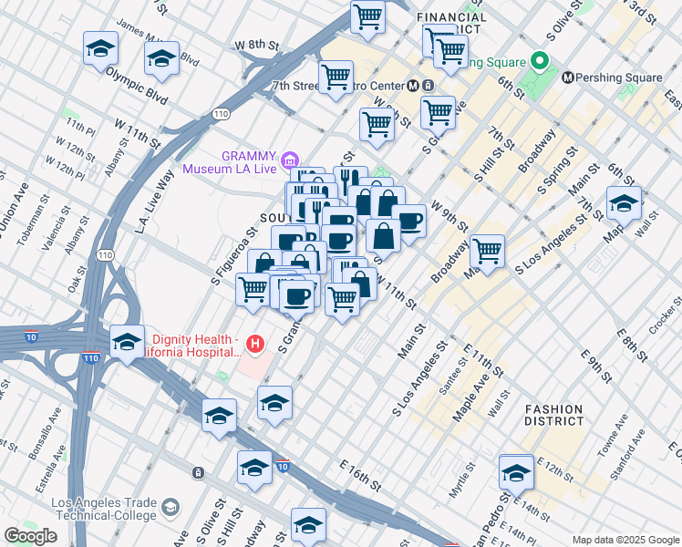 map of restaurants, bars, coffee shops, grocery stores, and more near 1137 South Grand Avenue in Los Angeles