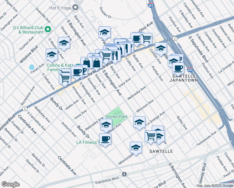 map of restaurants, bars, coffee shops, grocery stores, and more near 1717 South Barrington Avenue in Los Angeles