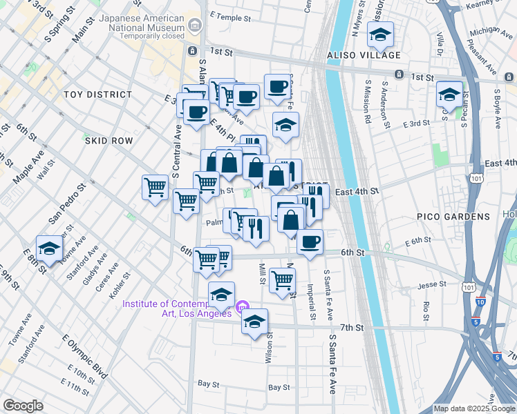 map of restaurants, bars, coffee shops, grocery stores, and more near 530 South Hewitt Street in Los Angeles