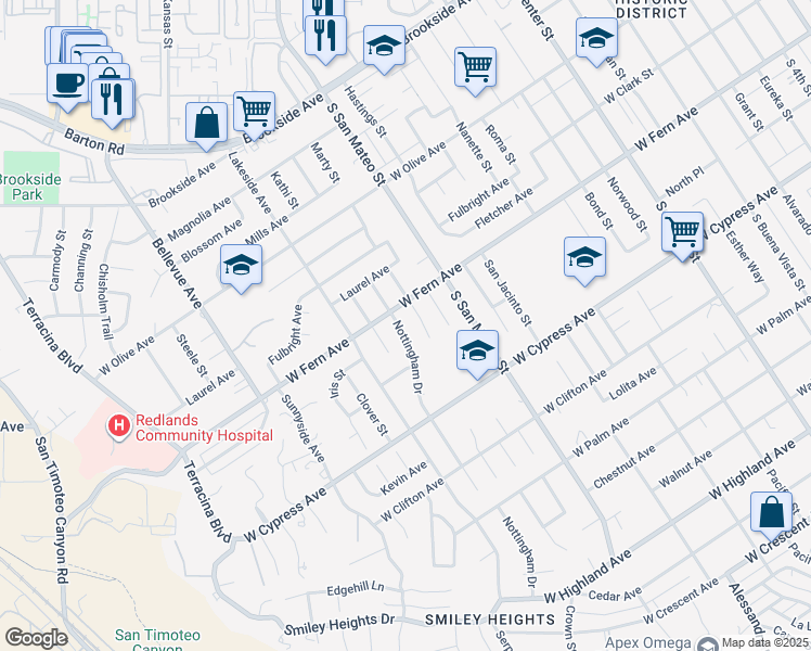 map of restaurants, bars, coffee shops, grocery stores, and more near 409 Nottingham Drive in Redlands
