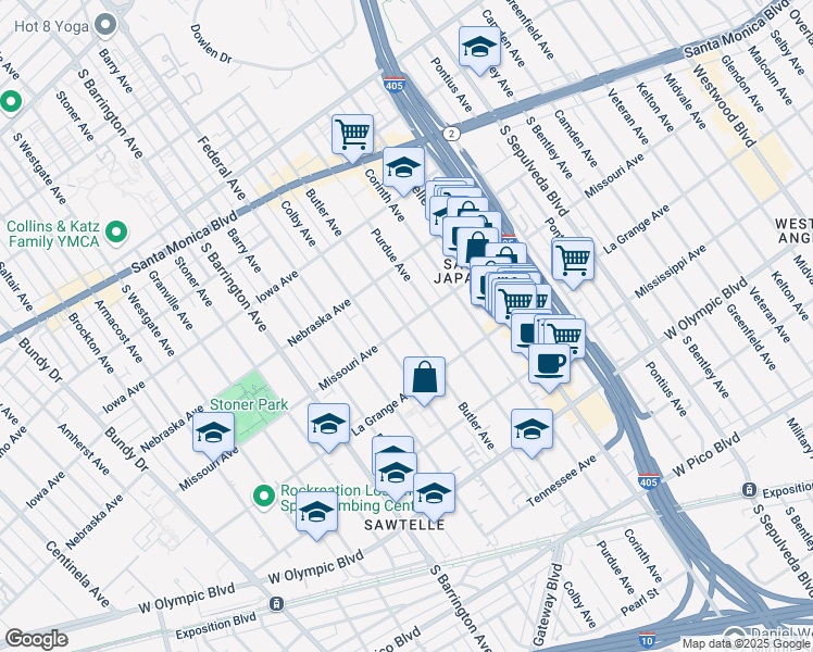 map of restaurants, bars, coffee shops, grocery stores, and more near Missouri Avenue & Butler Avenue in Los Angeles