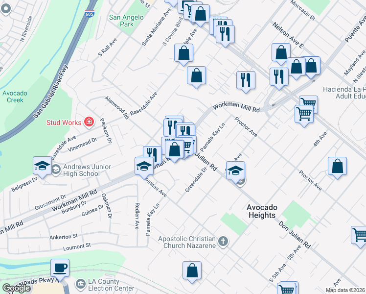 map of restaurants, bars, coffee shops, grocery stores, and more near 506 Workman Mill Road in La Puente