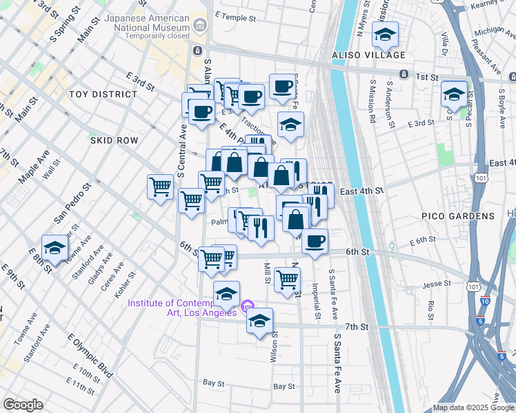 map of restaurants, bars, coffee shops, grocery stores, and more near 525 South Hewitt Street in Los Angeles