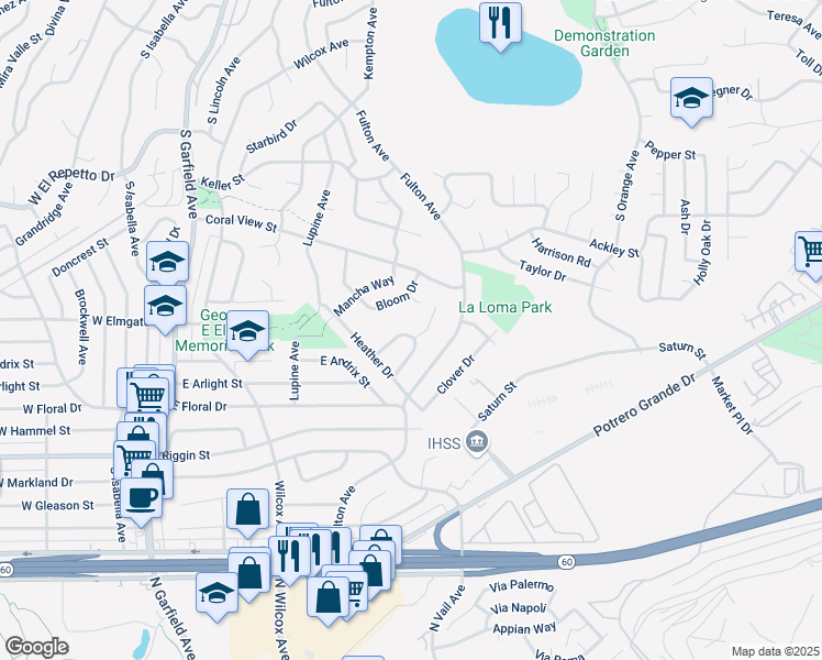 map of restaurants, bars, coffee shops, grocery stores, and more near 2058 Wheeler Drive in Monterey Park