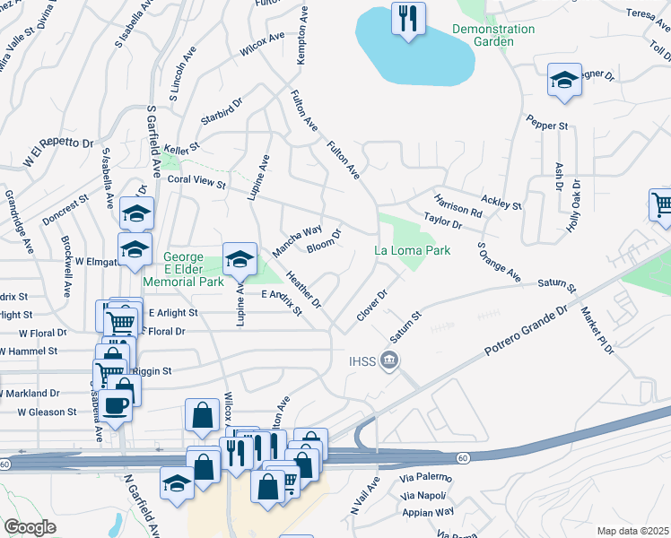 map of restaurants, bars, coffee shops, grocery stores, and more near 2058 Wheeler Drive in Monterey Park