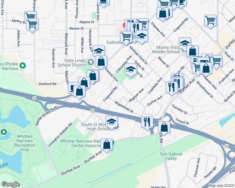 map of restaurants, bars, coffee shops, grocery stores, and more near 11019 Byways Street in El Monte
