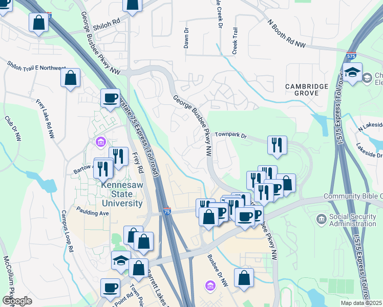 map of restaurants, bars, coffee shops, grocery stores, and more near 500 Townpark Crossing in Kennesaw