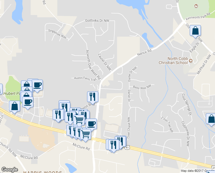 map of restaurants, bars, coffee shops, grocery stores, and more near 4193 Haynes Mill Court Northwest in Kennesaw
