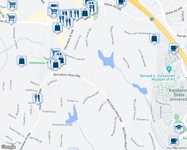 map of restaurants, bars, coffee shops, grocery stores, and more near 2195 Fairways Court in Kennesaw