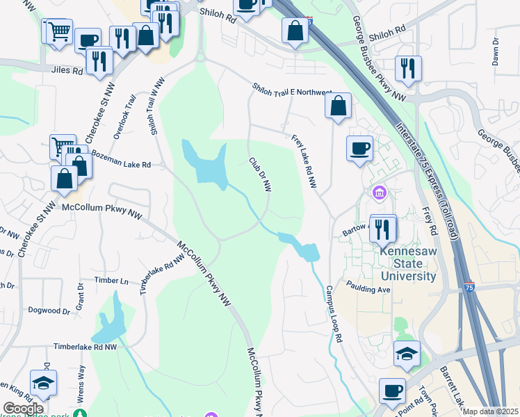 map of restaurants, bars, coffee shops, grocery stores, and more near 3601 Club Drive Northwest in Kennesaw