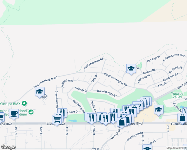 map of restaurants, bars, coffee shops, grocery stores, and more near 11717 Pactfield Place in Yucaipa