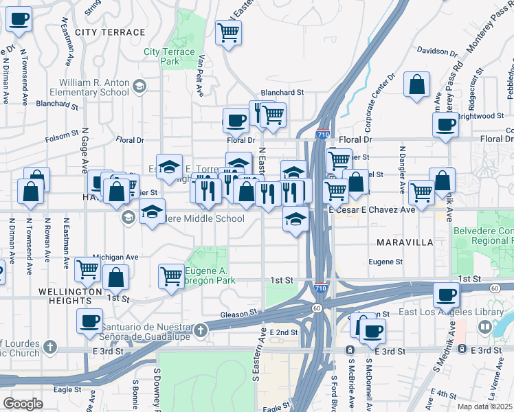 map of restaurants, bars, coffee shops, grocery stores, and more near 4237 East Cesar E Chavez Avenue in Los Angeles