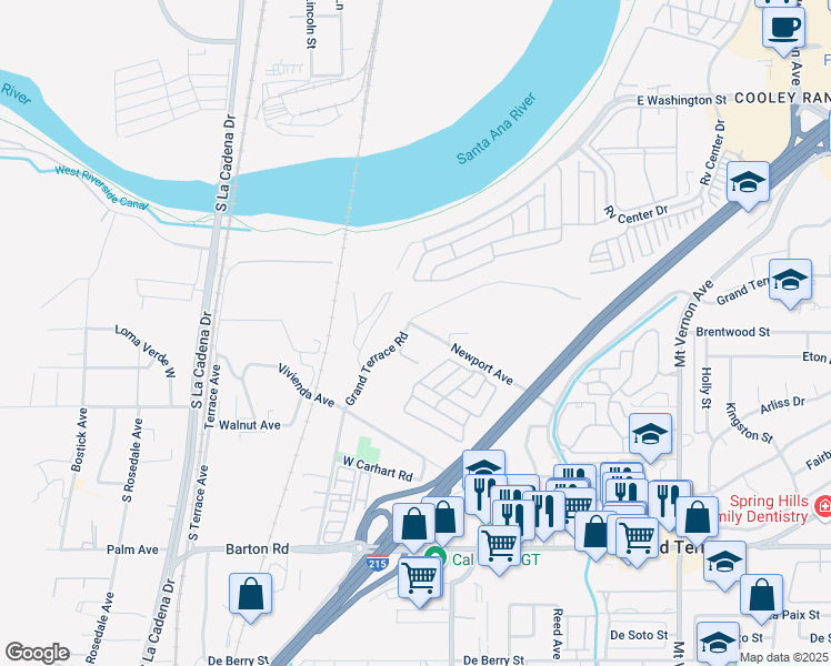 map of restaurants, bars, coffee shops, grocery stores, and more near 22033 Newport Avenue in Grand Terrace