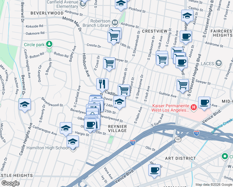 map of restaurants, bars, coffee shops, grocery stores, and more near 8933 Cadillac Avenue in Los Angeles
