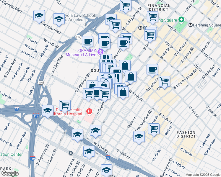 map of restaurants, bars, coffee shops, grocery stores, and more near 1155 South Grand Avenue in Los Angeles