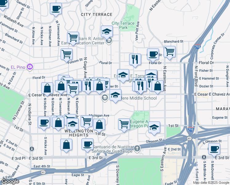 map of restaurants, bars, coffee shops, grocery stores, and more near 3951 East Cesar E Chavez Avenue in Los Angeles