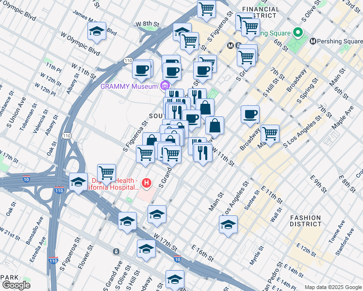 map of restaurants, bars, coffee shops, grocery stores, and more near 1155 South Grand Avenue in Los Angeles
