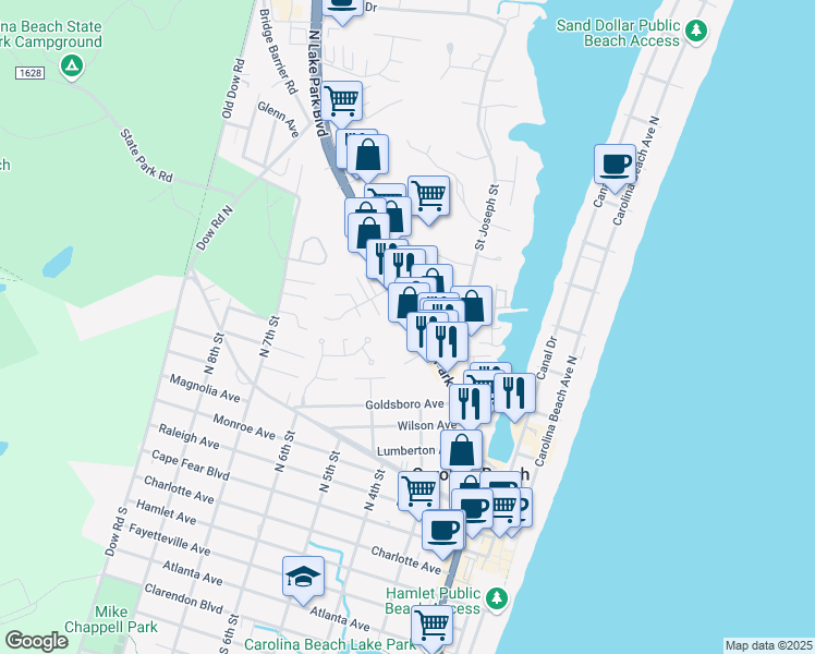 map of restaurants, bars, coffee shops, grocery stores, and more near 811 N Lake Park Blvd in Carolina Beach