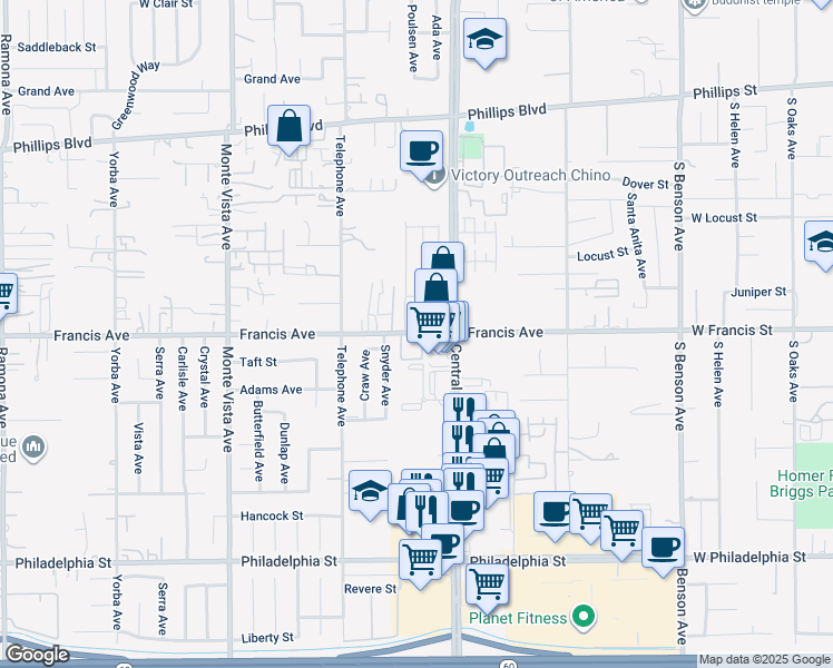map of restaurants, bars, coffee shops, grocery stores, and more near 11688 Solaire Way in Chino