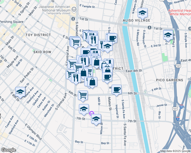 map of restaurants, bars, coffee shops, grocery stores, and more near 530 South Hewitt Street in Los Angeles