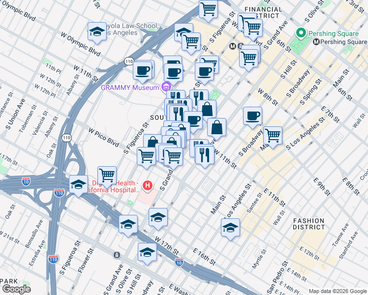 map of restaurants, bars, coffee shops, grocery stores, and more near 1137 South Grand Avenue in Los Angeles