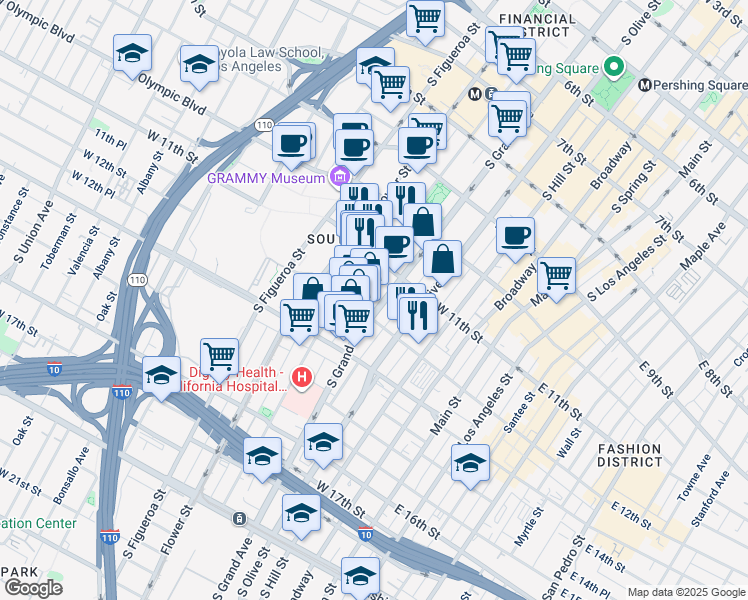 map of restaurants, bars, coffee shops, grocery stores, and more near 1155 South Grand Avenue in Los Angeles