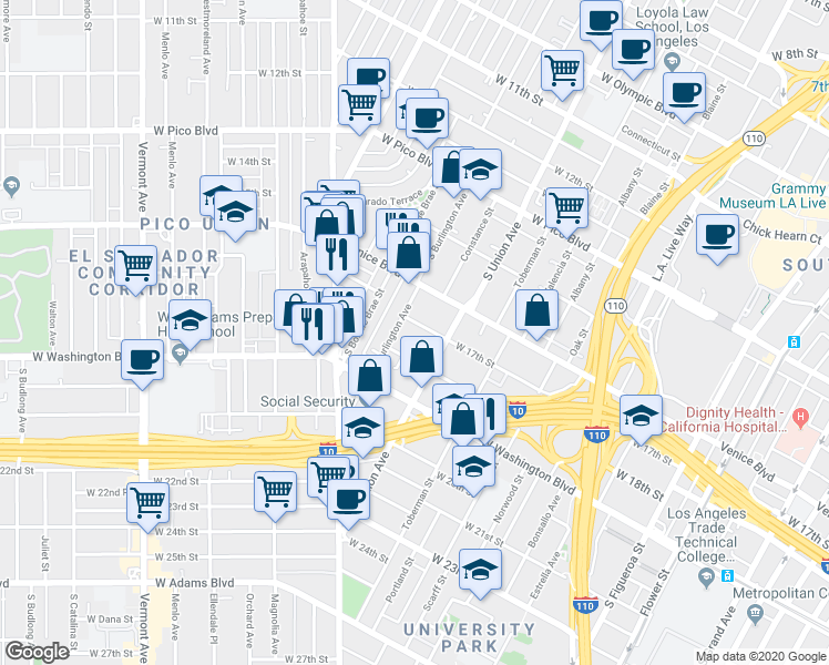 map of restaurants, bars, coffee shops, grocery stores, and more near 1134 West 17th Street in Los Angeles