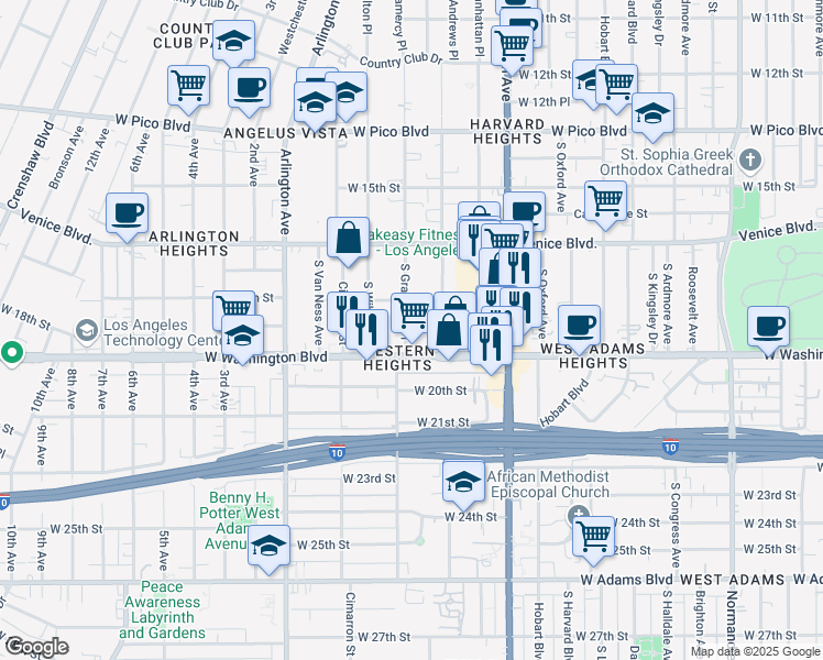 map of restaurants, bars, coffee shops, grocery stores, and more near 1824 South Gramercy Place in Los Angeles
