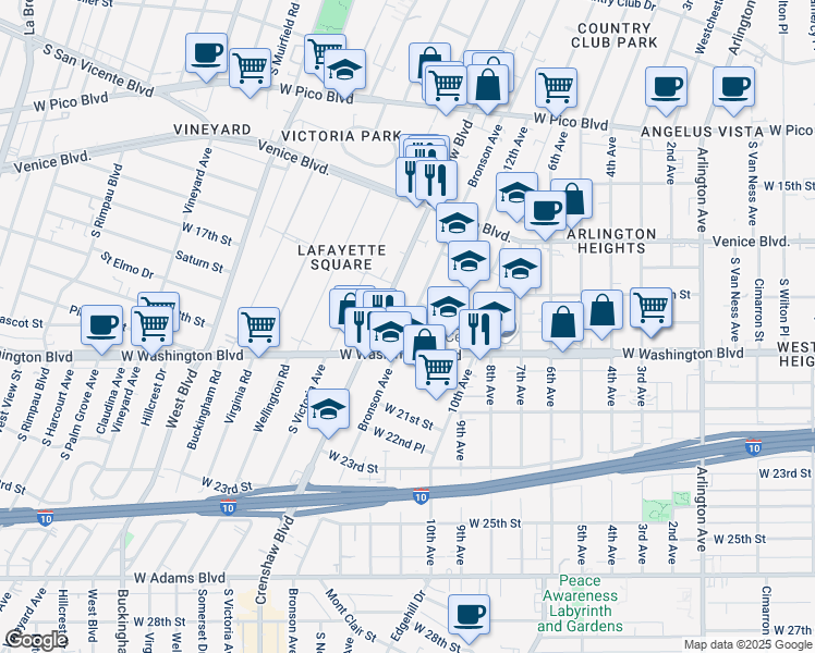 map of restaurants, bars, coffee shops, grocery stores, and more near 1816 South Bronson Avenue in Los Angeles
