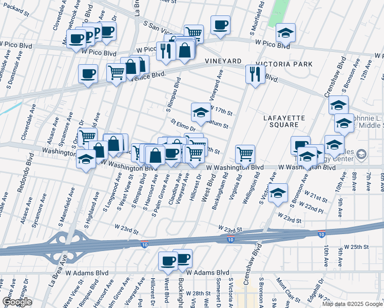 map of restaurants, bars, coffee shops, grocery stores, and more near 1843 Vineyard Avenue in Los Angeles