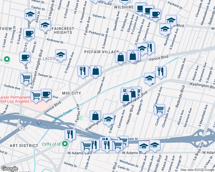 map of restaurants, bars, coffee shops, grocery stores, and more near 1912 Thurman Avenue in Los Angeles