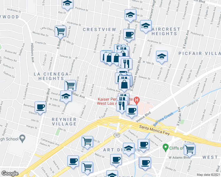 map of restaurants, bars, coffee shops, grocery stores, and more near 1974 South Garth Avenue in Los Angeles