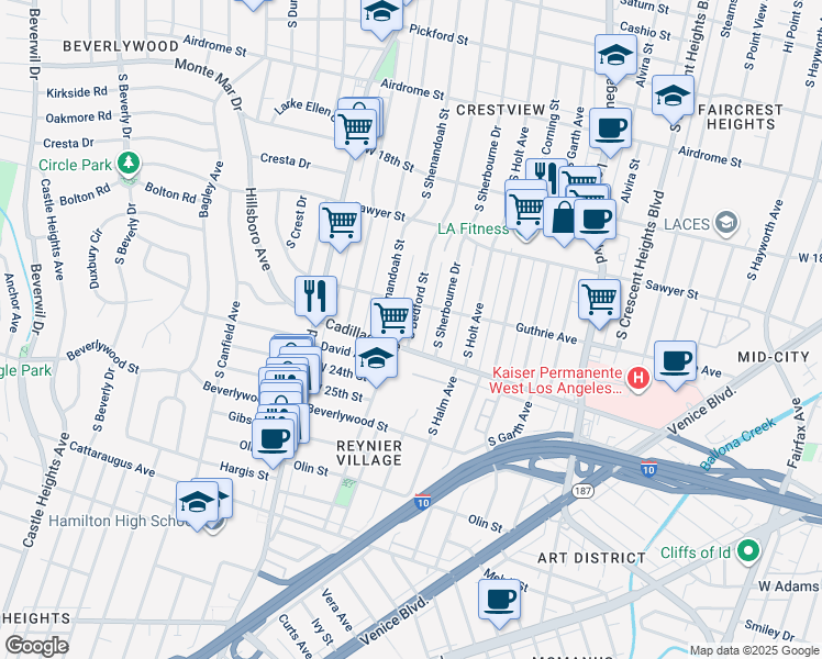 map of restaurants, bars, coffee shops, grocery stores, and more near 2021 South Bedford Street in Los Angeles