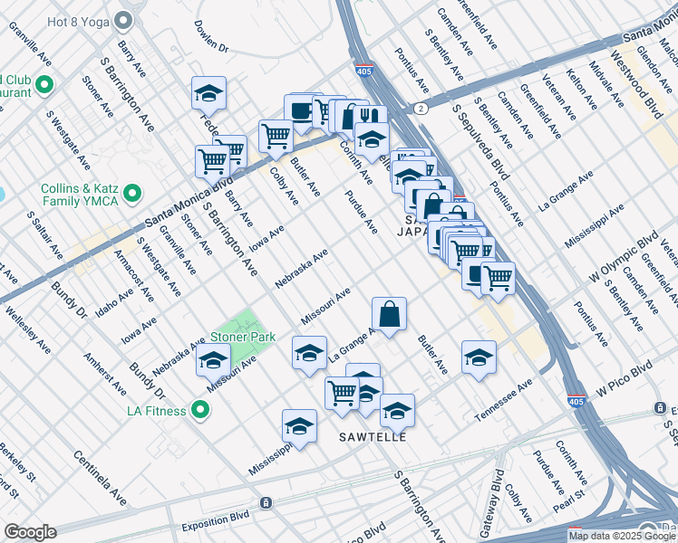 map of restaurants, bars, coffee shops, grocery stores, and more near 1830 Colby Avenue in Los Angeles