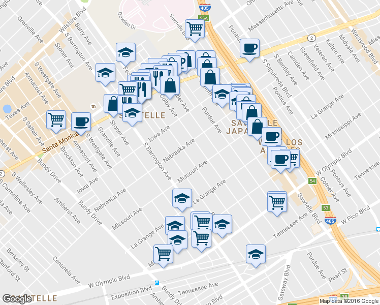 map of restaurants, bars, coffee shops, grocery stores, and more near 1810 Federal Avenue in Los Angeles