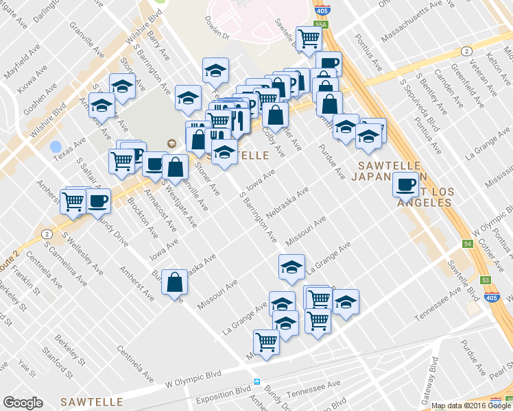 map of restaurants, bars, coffee shops, grocery stores, and more near 1718 South Barrington Avenue in Los Angeles
