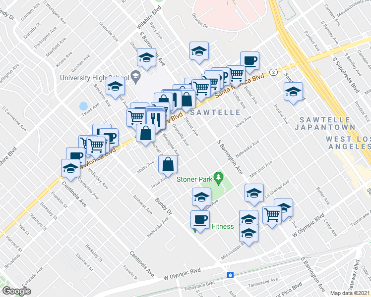 map of restaurants, bars, coffee shops, grocery stores, and more near 1623 Granville Avenue in Los Angeles