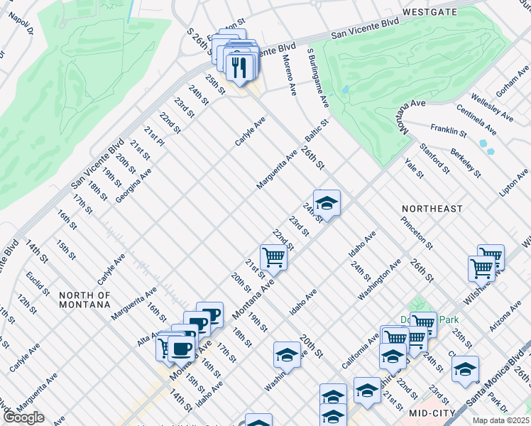 map of restaurants, bars, coffee shops, grocery stores, and more near 529 22nd Street in Santa Monica