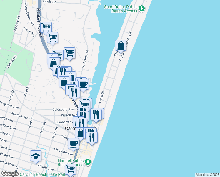 map of restaurants, bars, coffee shops, grocery stores, and more near 606 Carolina Beach Avenue North in Carolina Beach
