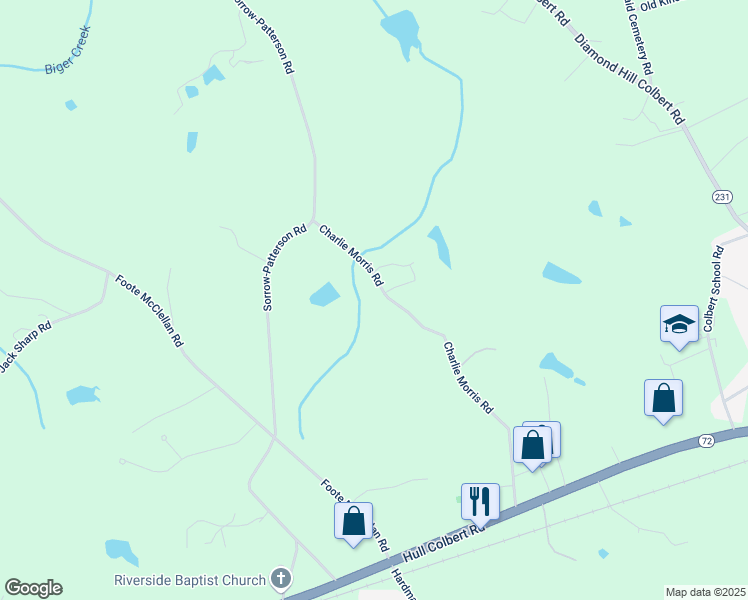 map of restaurants, bars, coffee shops, grocery stores, and more near 677 Charlie Morris Road in Colbert
