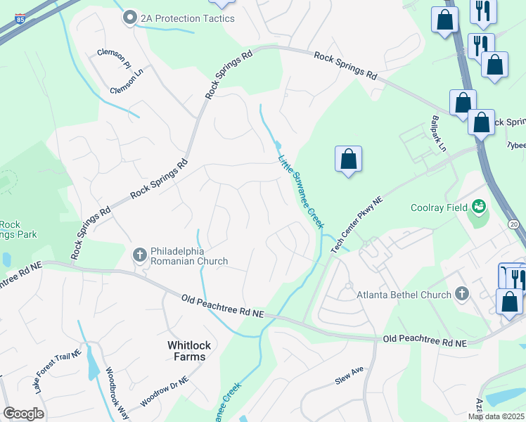 map of restaurants, bars, coffee shops, grocery stores, and more near 2744 Springfount Trail Northeast in Lawrenceville