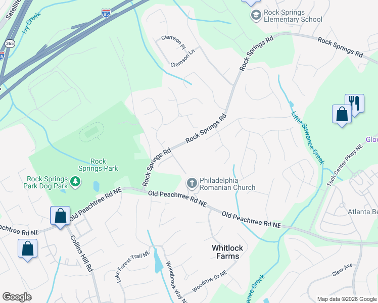 map of restaurants, bars, coffee shops, grocery stores, and more near 627 Rock Springs Road in Lawrenceville