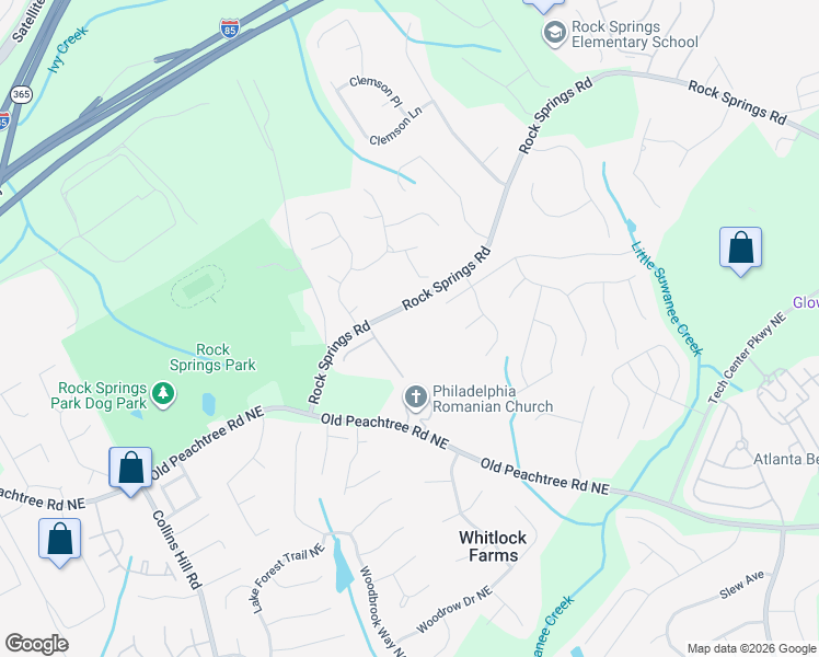 map of restaurants, bars, coffee shops, grocery stores, and more near 627 Rock Springs Road in Lawrenceville