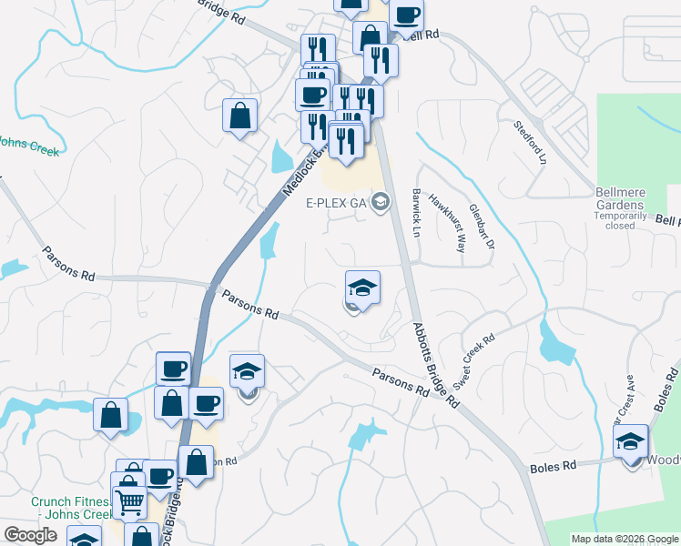 map of restaurants, bars, coffee shops, grocery stores, and more near 395 Abbotts Mill Drive in Duluth