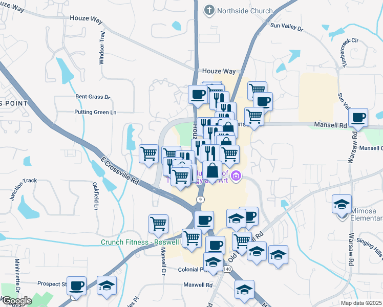 map of restaurants, bars, coffee shops, grocery stores, and more near 10587-10591 Houze Road in Roswell