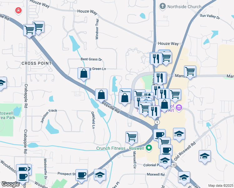 map of restaurants, bars, coffee shops, grocery stores, and more near 103 Mill Pond Road in Roswell