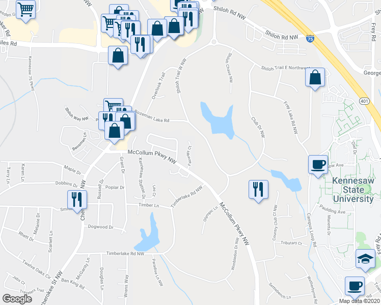 map of restaurants, bars, coffee shops, grocery stores, and more near 2170 Fairways Court in Kennesaw