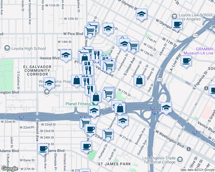 map of restaurants, bars, coffee shops, grocery stores, and more near 1134 West 17th Street in Los Angeles